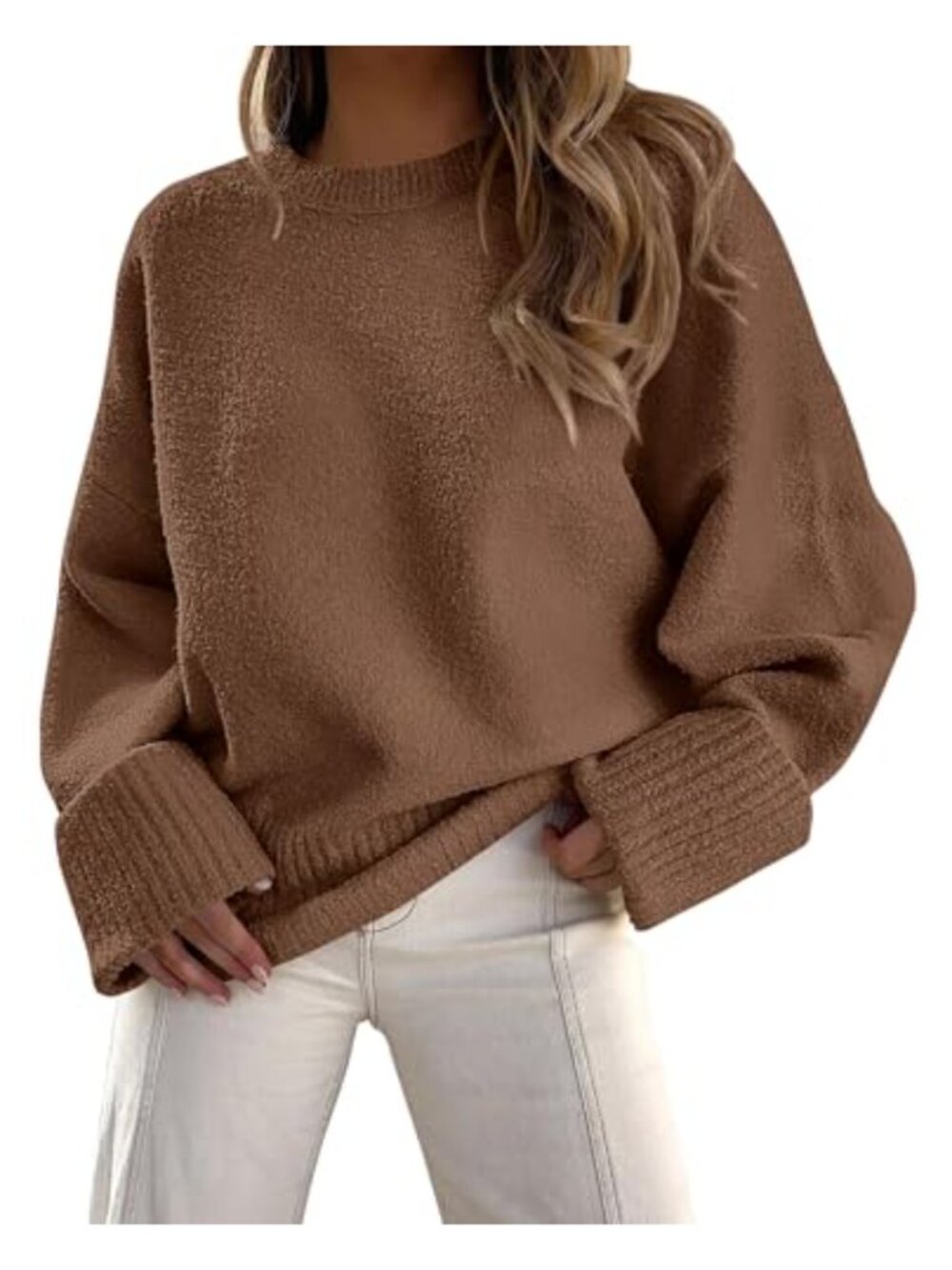 Oversized Fuzzy Crewneck Pullover Sweater Soft Cozy Relaxed Fit